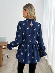 Easowa 秋冬優雅收腰花瓣袖女式上衣，修身圓領休閒上衣，獨特印花工藝，適合外出與職場通勤 - 彩色 - 查看 4