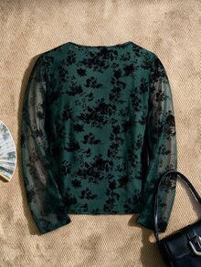 EastFlair Plus Size Women's Flocked Mesh Keyhole Neck Long Sleeve Elegant Top Fall - Dark Green - View 3