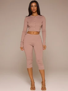 MUSERA Brown Knit Crop Cardigan With Capri Set Autumn Winter Fall Cute Daily Girly Knitwear Everyday - Brown - View 1