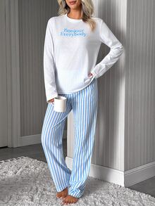 SHEIN Cotton 2pcs Women Line Print Pant And Slogan Print Top Homewear Pajama Set - Baby Blue - View 4