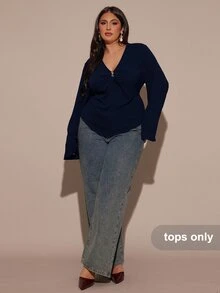 SHEIN BAE 大尺碼女款優雅棕色上衣，秋季V領抓皺長袖上衣，適合日常、聖誕、跨年派對、婚禮、正式晚裝 - 藏蓝色 - 查看 4