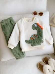 SHEIN 2件組嬰兒男童/女童秋冬套裝 卡通恐龍刺繡拼色圓領抓絨長袖套頭衛衣與鬆緊腰收口長褲 - 彩色 - 查看 4
