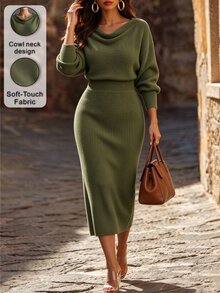 Linhara CURVE فستان صوفي محبوك بلون موحد للنساء بمقاسات كبيرة، بياقة دائرية مجعدة وقصة ضيقة، بتصميم بسيط وعملي، مناسب للتنقل اليومي والمكتب والإجازات الرومانسية، أنيق - أخضر داكن - مشاهدة 7