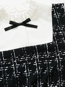 Tween Girl Elegant Tweed Bow Decor Patchwork 2 In 1 Dress, Autumn Back To School - Black - View 5