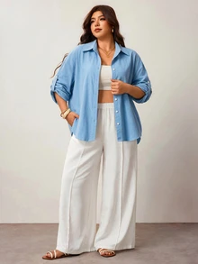 Enliva Plus-Size Women's Three-Quarter Sleeve Button-Down Shirt, Suitable For Commuting Apple,Rounded Body - Blue - View 6