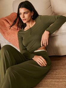 Lullawish Bohemian Modest Casual Vacation Home Wear Women's Comfortable Knit Long Sleeve Pajama Lantern Pants Set Sleep Lounge Olive Green Fall - Army Green - View 6
