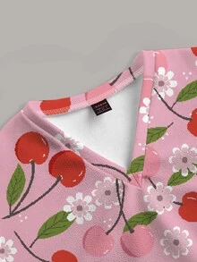 PopScrub Fun Cherry Ditsy Floral Pink Print Casual Women's Scrub Uniform Top - Multicolor - View 3