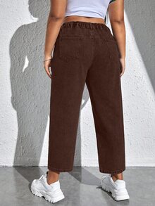 SHEIN EZwear 大尺碼鈕扣口袋拉鍊拼接純色牛仔褲 - 咖啡棕 - 查看 2