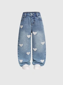 SHEIN 女童時尚可愛街頭風愛心刺繡寬鬆直筒牛仔長褲 - 中等水洗藍 - 查看 1
