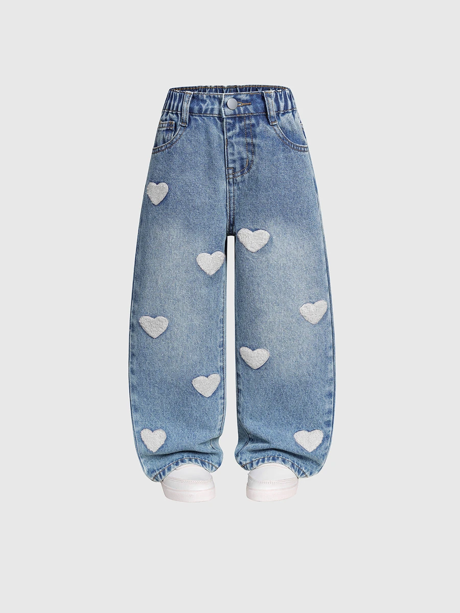 SHEIN 女童時尚可愛街頭風愛心刺繡寬鬆直筒牛仔長褲 - 中等水洗藍 - 查看 1