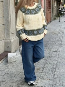 Lacomfia Plus Size Women's Round Neck Cable Knit Casual Fashion Loose Pullover Sweater - Beige - View 5