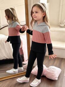 Young Girl Textured Contrast Color Hoodie And Pants Set - Multicolor - View 1