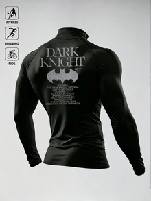 Manfinity BATMAN X SHEIN 男士極簡字母印花長袖運動T恤 - 黑色 - 查看 2