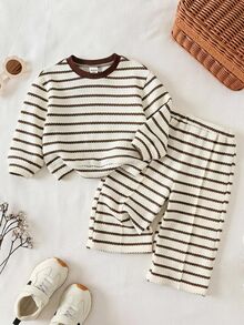 2pcs Baby Girl Textured Striped Knit Soft Crew Neck Long Sleeve Drop Shoulder Pullover Sweatshirt Elastic Waist Long Pants Autumn/Winter Two Pieces Set - Multicolor - View 1