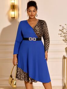 BrightlyHer Plus Size Sexy Metal Buckle Leopard Print Dress - Multicolor - View 8