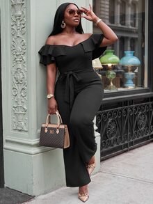 Slaydiva Plus Size Off Shoulder Ruffle Jumpsuit, High Waist Wide Leg Long Pants With Belt, Curvy Formal Party Outfit - Black - View 5
