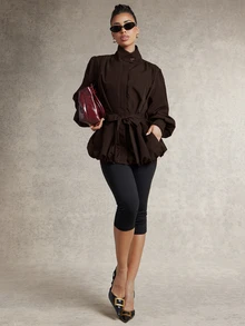 Silquee Women's Fashion Vintage Elegant Button Pocket Long Sleeve High Neck Jacket Office Burgundy Autumn - Coffee Brown - View 9