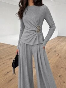 Modelyn Women's Minimalist Round Neck Metal Buckle Ruched Decor Top With Drapey Wide Leg Pants, Commute, Casual Shopping Outfit, Autumn/Winter 2 Pieces Set - Grey - View 8