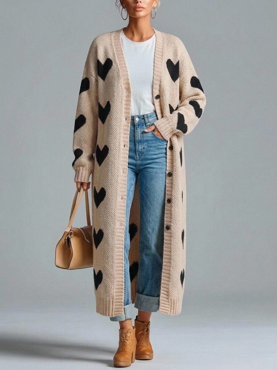 Solivie Women's Autumn/Winter Long Cardigan With Heart Contrast Color Design, Apricot Top Women Fall Winter Sweater Work Tops For Women - Apricot - View 1