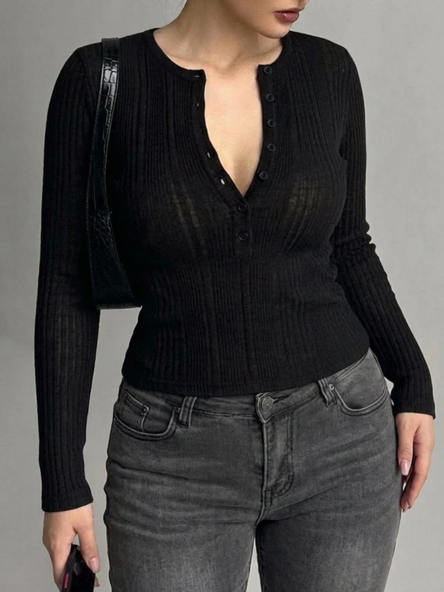 Dazy Plus Half-Button Long Sleeve Fitted Bodycon T-Shirt - Black - View 1