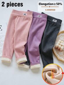 SHEIN 2pcs Girls' Autumn/Winter Bow Embroidery Pattern Thermal Leggings, Casual Daily Wear - Multicolor - View 1