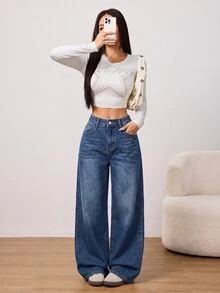 SHEIN PETITE Winter Spring Women's Casual Vacation Washed Vintage Wide Beige Washed Denim Leg Jeans ,Petite Women - Dark Wash - View 10