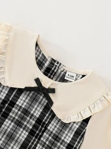 Souflis Souflis 幼女格紋洋裝，甜美優雅奶油黑蝴蝶結荷葉邊長袖彼得潘領，合身派對秋季假期芭蕾舒適公主風百褶裙 - 黑與白 - 查看 7