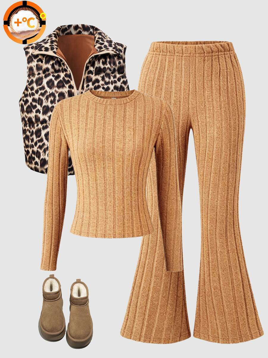 Tween Girl Long Sleeve Mini Knitted Black Coat Set Halloween Autumn Fall Style Fall Outfits - Brown - View 1