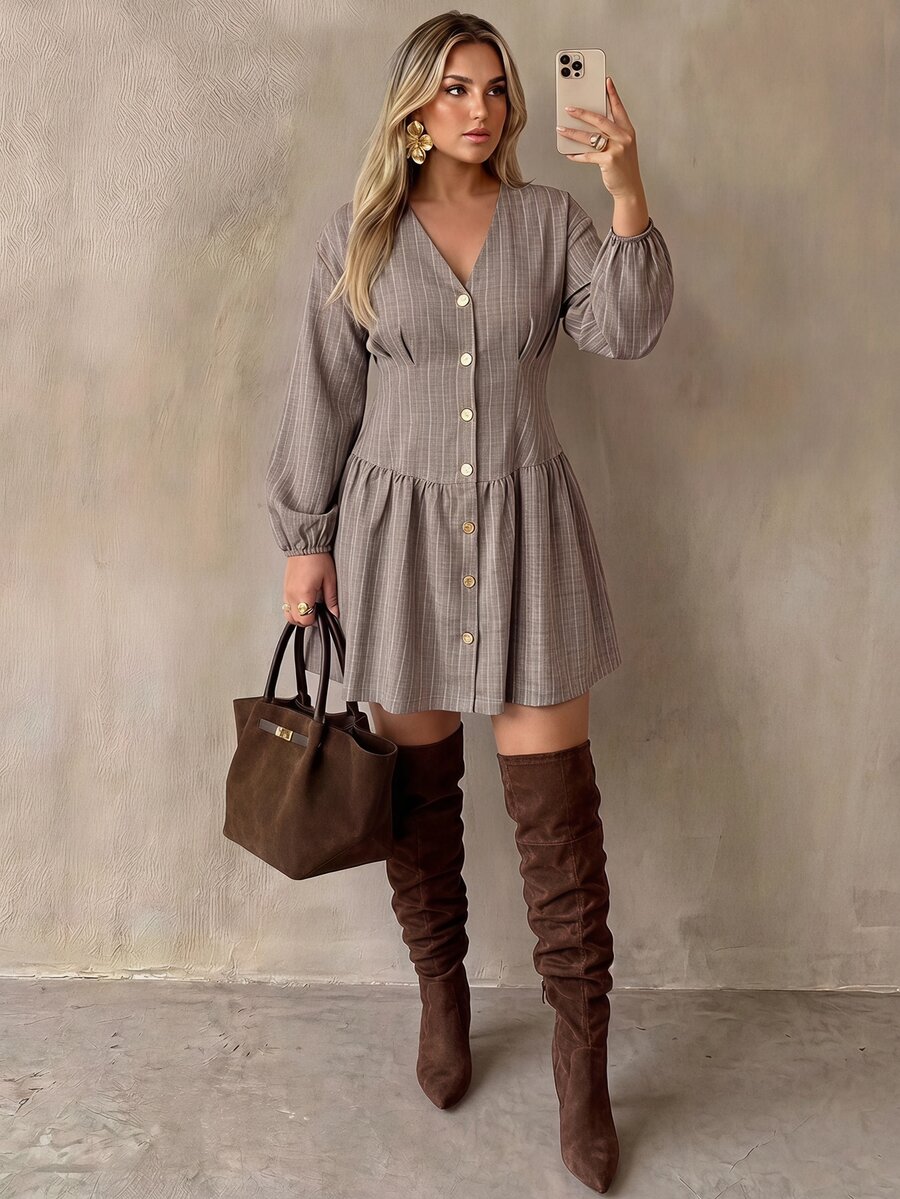 Auralis New Spring/Autumn Plus-Size A-Line Mini Dress: V-Neck, Khaki Stripes, And Waist-Cinching Fit / Vintage-Style "Back-To-School" Skirt With Metal Button - Khaki - View 1