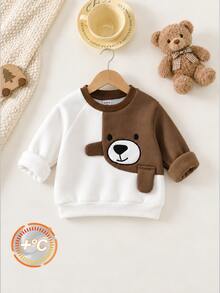 SHEIN Sweatshirt Lengan Panjang Leher Bulat Motif Beruang Kartun Bayi Laki-laki dengan Bordir Applique Warna Kontras, Desain 3D, Kasual Serbaguna, Cocok untuk Musim Gugur/Dingin - MultiWarna - View 3