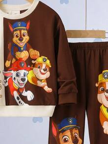SHEIN | PAW Patrol 小男孩黃色拼色卡通小狗印花寬鬆衛衣套裝 秋季長袖上衣與長褲 返校休閒穿搭 - 彩色 - 查看 3
