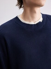 RONVEXI 男士秋冬圓領長袖休閒百搭毛衣 - 藍色 - 查看 2