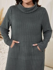 Lacomfia Plus Size Women's Loose Casual A-Line High Neck Long Sleeve Elastic Ribbed Long Dress, Autumn - Dark Grey - View 6