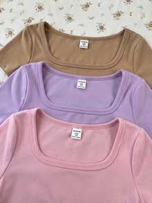 SHEIN Tween女孩秋冬新款休閒極簡舒適針織抓絨純色方領長袖T恤 3件/套 - 彩色 - 查看 4