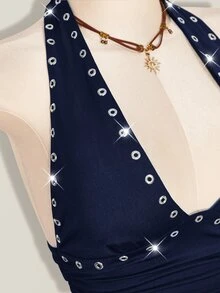 SHEIN ICON 萬聖節女性掛脖露背黑色與銀色娃娃裝背心，適合夜店、派對、夏季性感穿搭 - 藏蓝色 - 查看 13