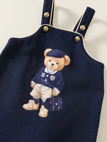 SHEIN 中性新生兒嬰兒男/女童、幼兒 2 件組秋冬保暖內裡加厚可愛學院風熊圖案吊帶褲與運動衫套裝，Polo 套裝，嬰兒冬季穿搭，聖誕節 - 藏蓝色 - 查看 8