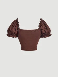 SHEIN MOD 女款花瓣袖修身荷葉邊飾 T恤 - 棕色 - 查看 2