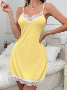 SHEIN 對比色蕾絲細肩帶睡裙 夏日穿著 - 黃色 - 查看 4