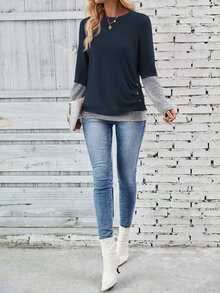 EMERY ROSE 女款休閒撞色拼接 2 合 1 T恤，秋季圖案女上衣 - 彩色 - 查看 6