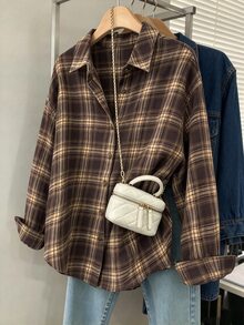 SHEIN 青少年女孩秋季上衣 白色翻領襯衫，休閒寬鬆鈕扣門襟柔軟上衣，適合秋季畢業返校街頭穿搭造型 - 彩色 - 查看 1