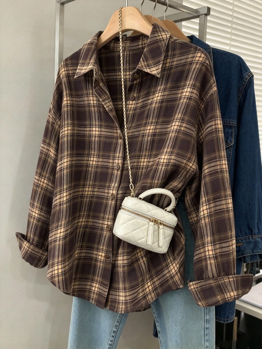 SHEIN 青少年女孩秋季上衣 白色翻領襯衫,休閒寬鬆鈕扣門襟柔軟上衣,適合秋季畢業返校街頭穿搭造型 - 彩色 - 查看 1