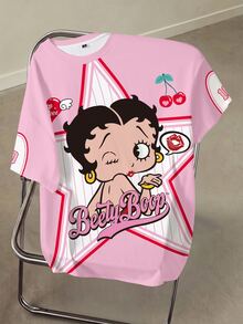 Betty Boop x SHEIN 大尺碼女款星星與字母印花圓領短袖休閒T恤 - 白色 - 查看 1