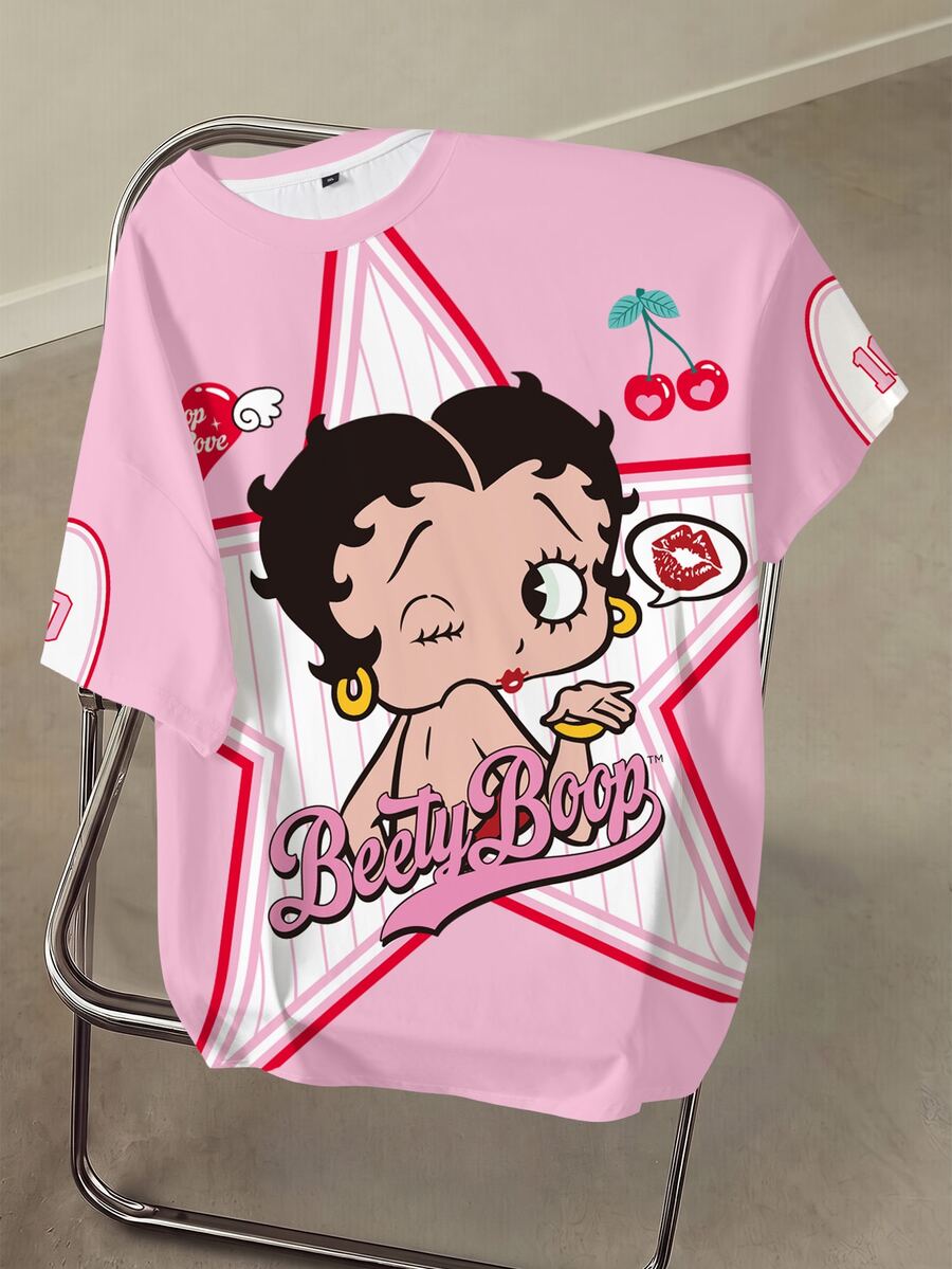 Betty Boop x SHEIN 大尺碼女款星星與字母印花圓領短袖休閒T恤 - 白色 - 查看 1