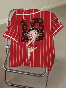 Betty Boop x SHEIN 女款字母條紋圓領短袖休閒T恤 秋季女裝運動衫 - 白色 - 查看 2