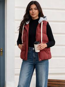 Linhara Plus Size Autumn/Winter Sleeveless Vest With Detachable Hood Cotton Padded - Rust Brown - View 3