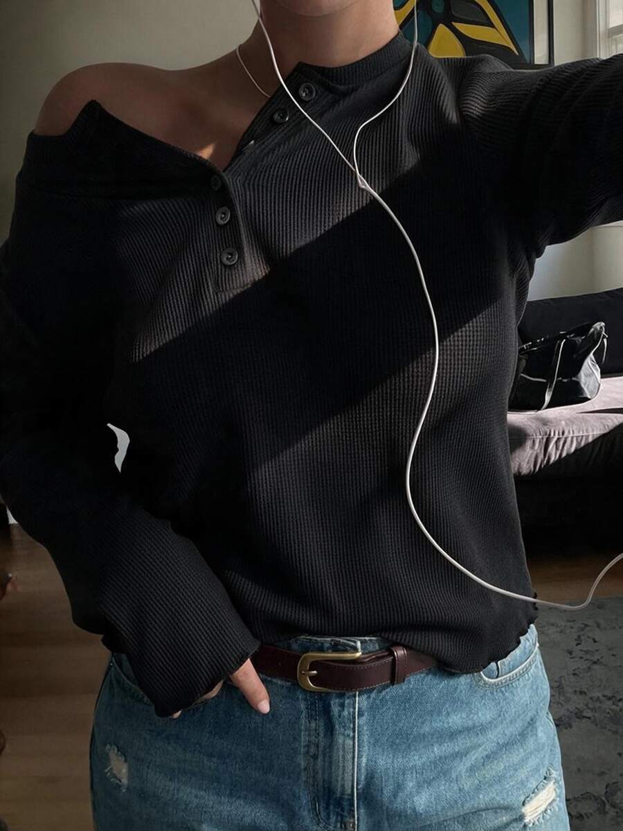Livesso Solid Color Casual Traditional Half-Button Front Long Sleeve Black T-Shirt, Blogger Style, Spring/Autumn New Arrival Formal Home Wear Going Out - Black - View 1