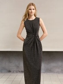 MOTF PREMIUM WOMEN'S SHINY FABRIC SLIM FIT ELEGANT SLEEVELESS MIDI DRESS - Black - View 7