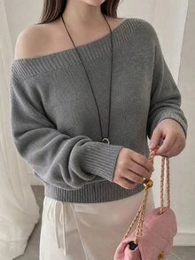 Dazy Plus Solid Color Fitted Short Long Sleeve Asymmetrical Shoulder Boat Neck Sexy Elegant Vacation Spring Autumn Knit Sweater - Grey - View 4