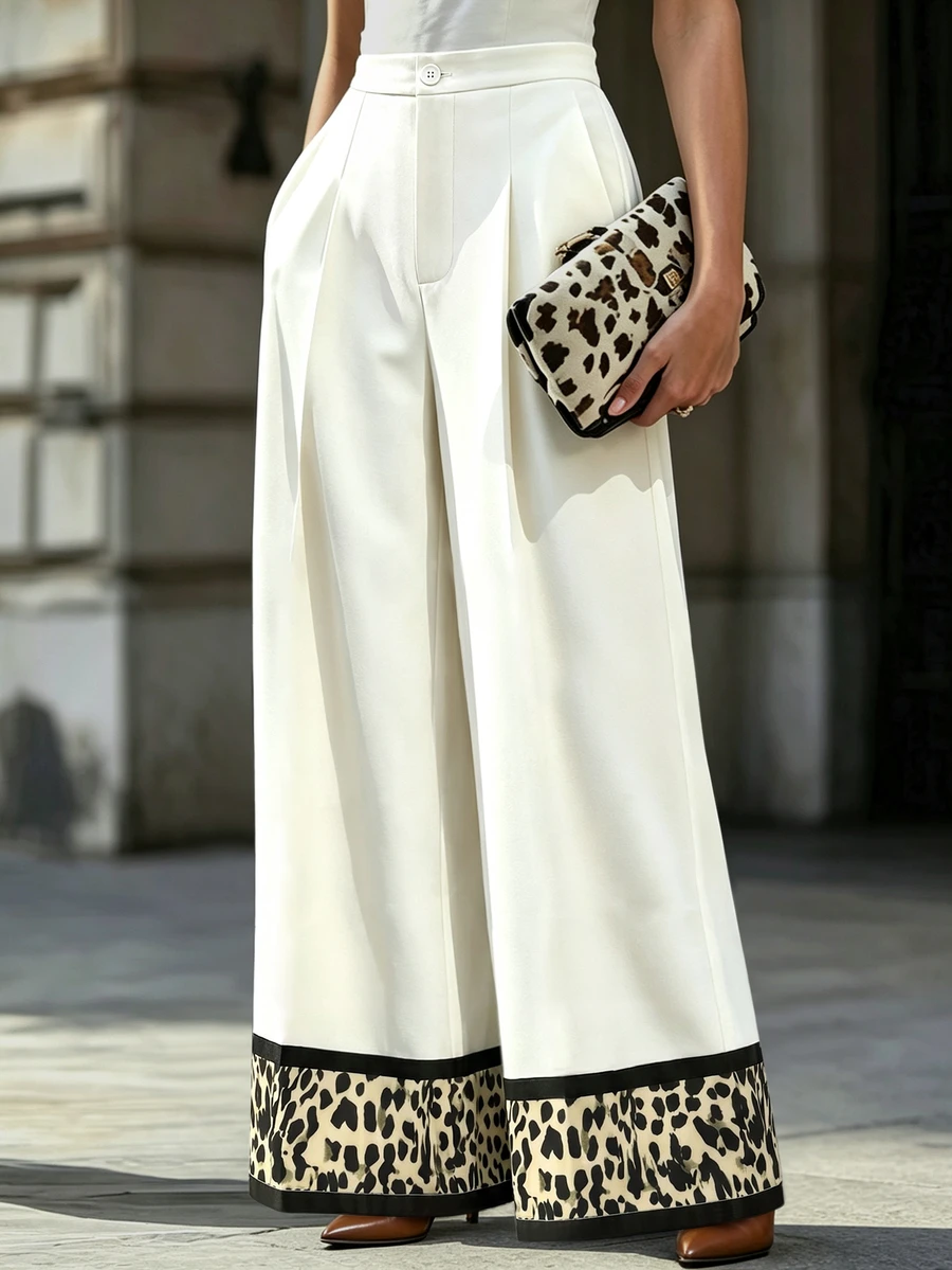SHEIN بنطال طويل أنيق للخريف بطبعة نمر وتصميم باتشوورك، خصر عالي وساق واسعة، بأسلوب فرنسي للمكتب والتنقل، بنطال طويل مطوي - أبيض - مشاهدة 1