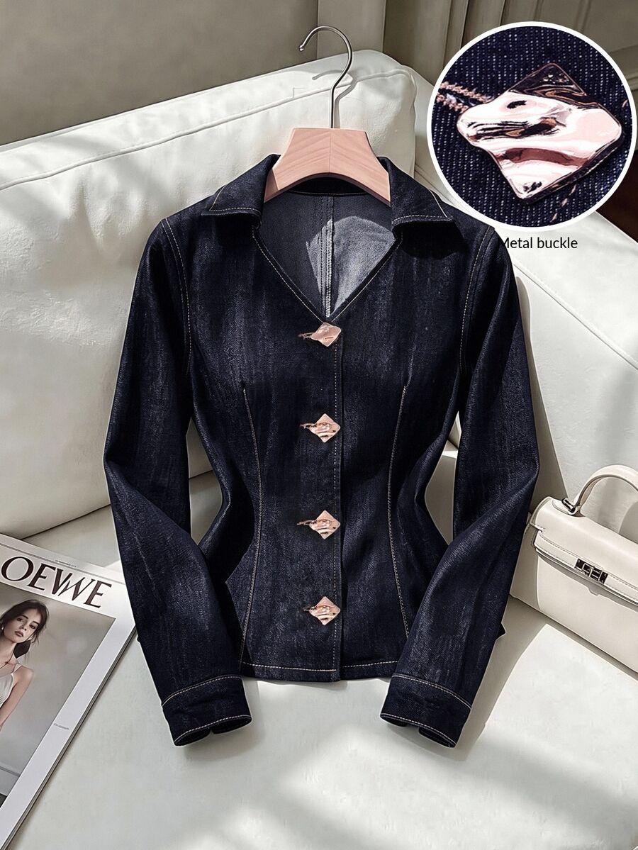 GlowEve Women's Long Sleeve V-Neck Button-Up Fitted Fashion Denim Top - Blue - View 1
